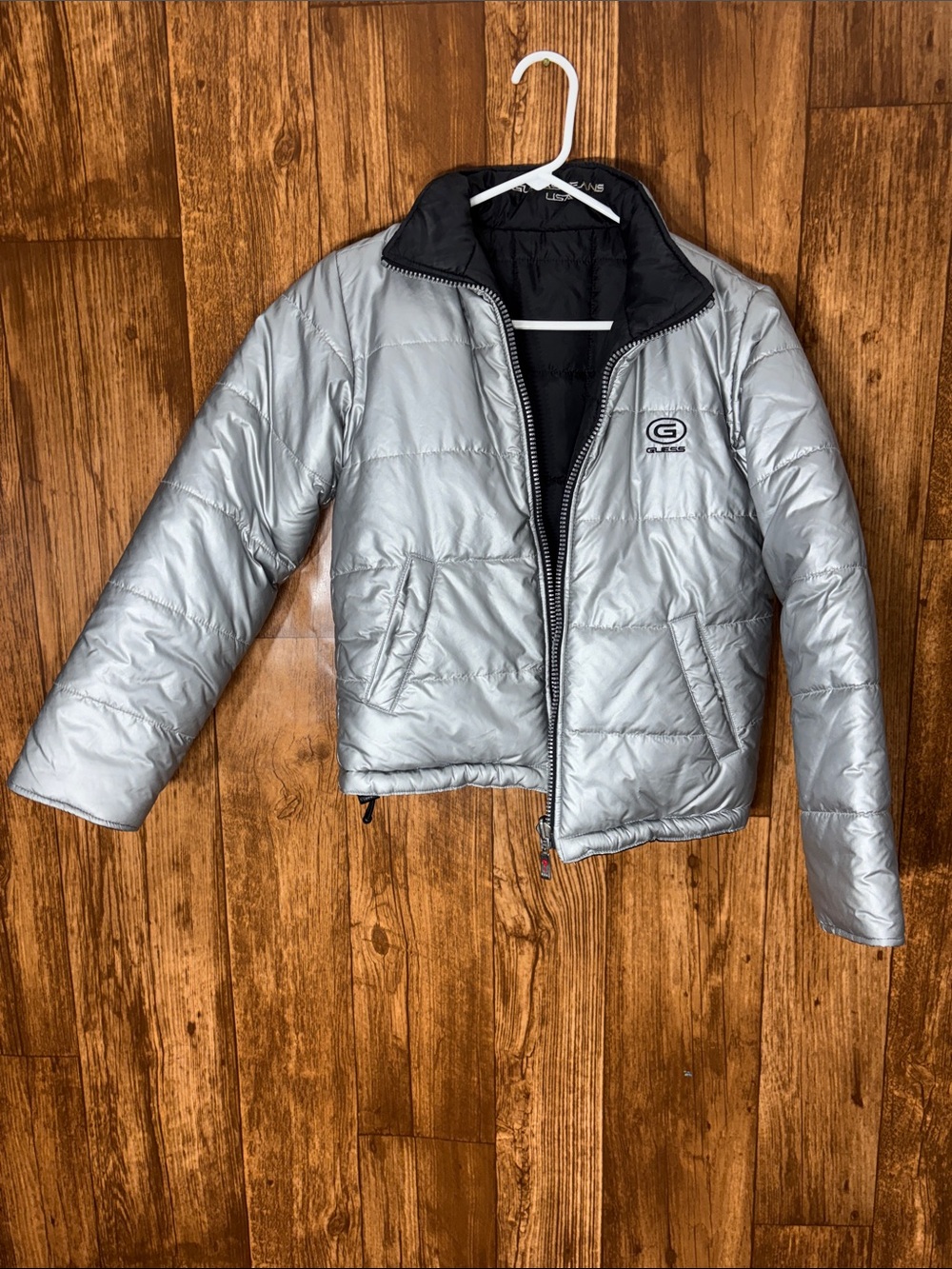 Guess Silver Quilted Puffer Jacket with Black Trim